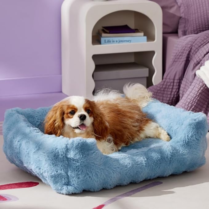 Blue rectangular orthopedic dog bed with plush bubble bolsters and washable removable cover – 30x24x8 inches