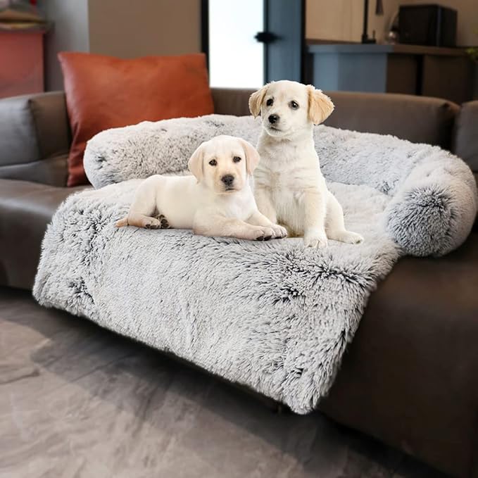 Gradient gray plush pet mat with long fur, waterproof lining, and removable washable couch cover – 36x31 inches