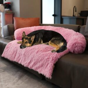 Large pink calming pet bed mat with plush long fur, waterproof lining, and removable washable couch cover 45x37 inches