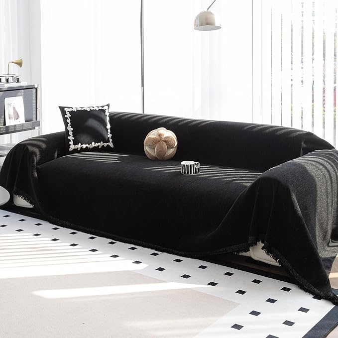 Black oversized washable couch blanket cover made of chenille, pet-friendly and durable, ideal for 2–3 cushion sofas.