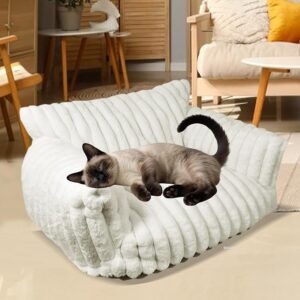 White 24-inch fluffy cat couch chair with soft corduroy plush and removable washable cover – perfect for small dogs and cats