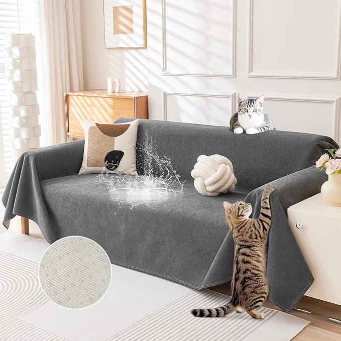 Grey waterproof washable couch cover for 3-seat sofa, cat-scratch resistant and anti-slip, ideal for pet-friendly furniture protection.