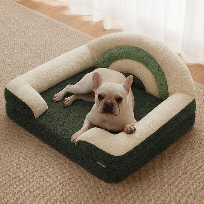 Soft green rainbow dog bed with washable cover and waterproof lining – medium size foam pet sofa