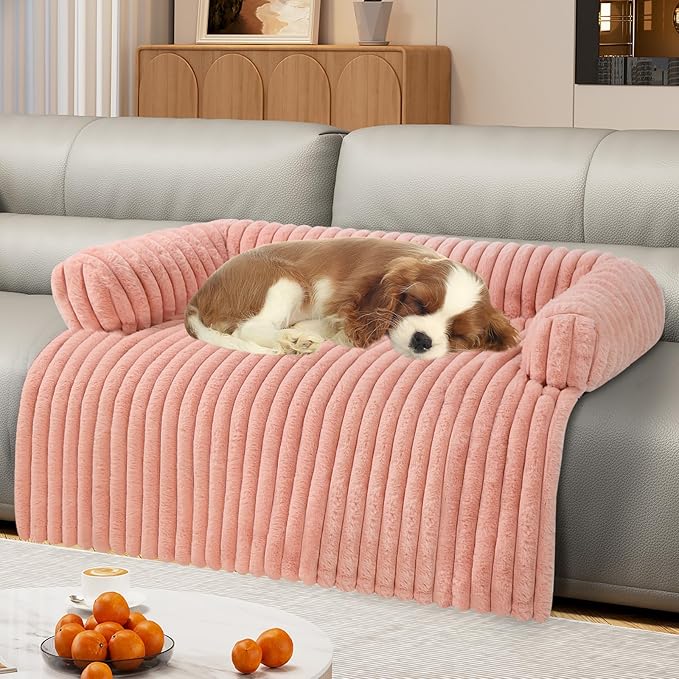 Large pink calming dog couch bed with waterproof, removable cover and nonslip bottom – pet sofa protector