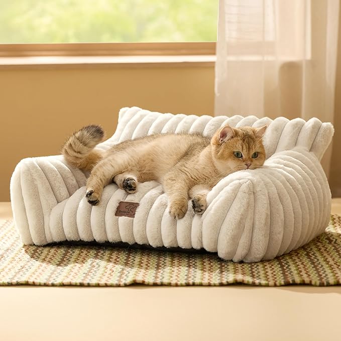 Soft white washable couch for cats with plush fabric and raised edges, 24-inch pet-friendly design.