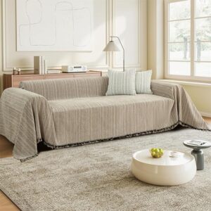 Brown washable couch cover made of thick chenille with tassels, waterproof and pet-friendly slipcover for 2-cushion sofas.