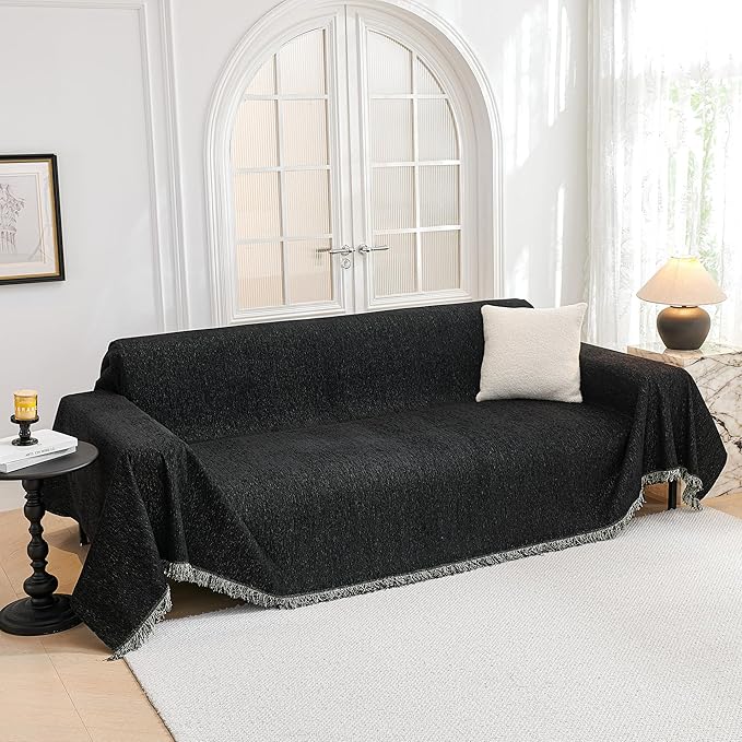 Black washable couch cover for L-shaped 2-cushion sofas, super soft and pet-friendly, ideal for protecting against spills and fur.